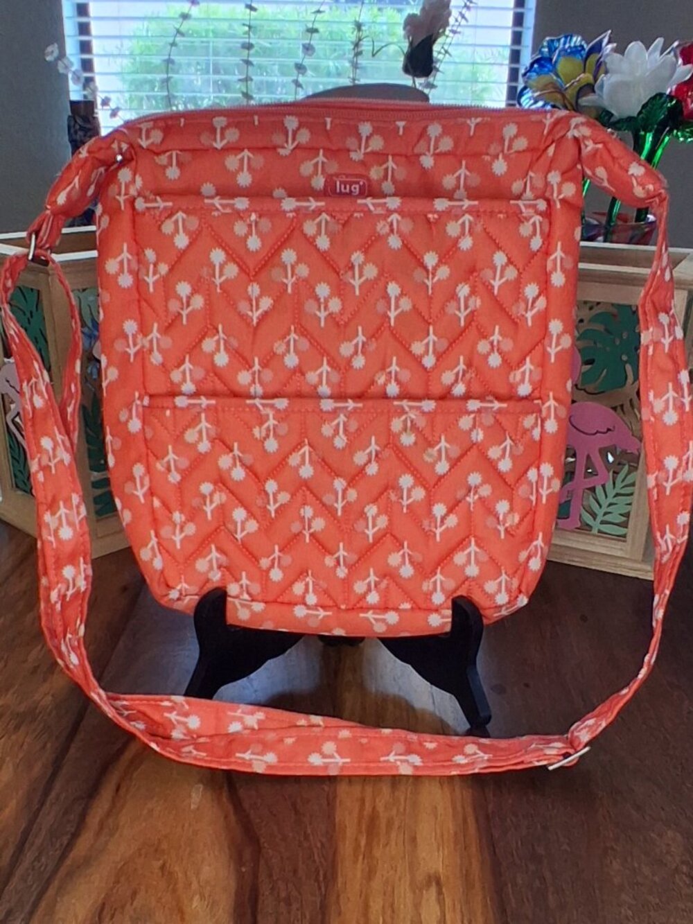 Lug Quilted Floral Crossbody Bag Coral Orange Pockets Travel Purse